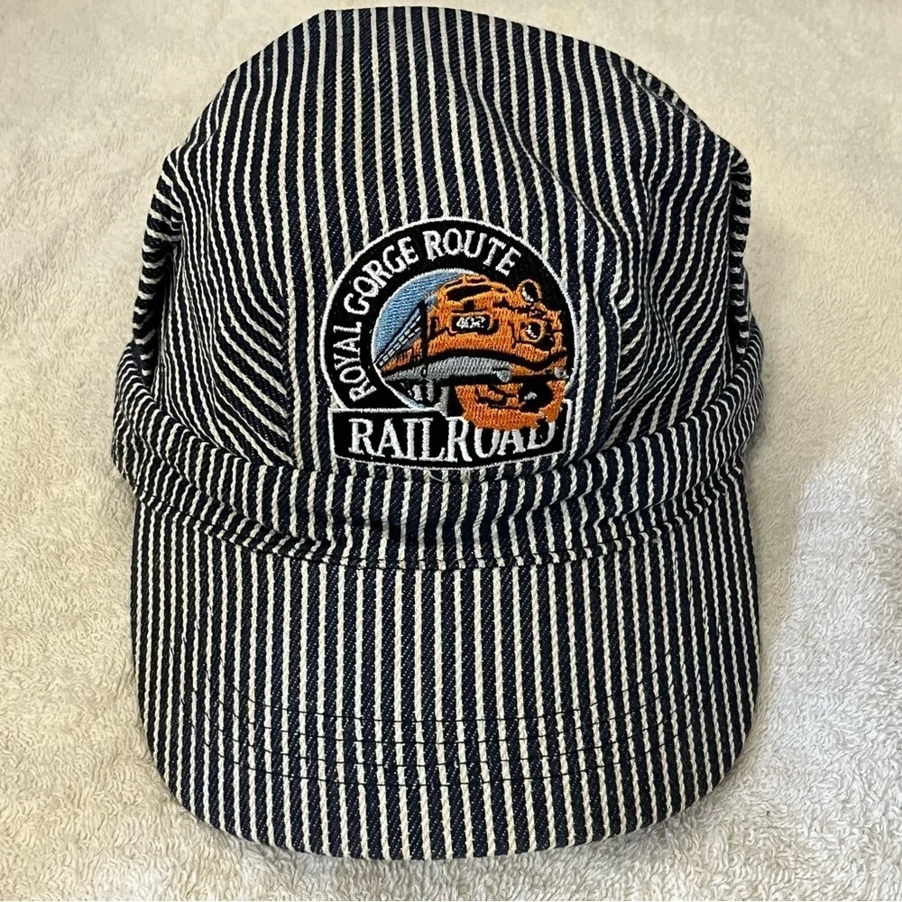 Striped Conductor Hat with Royal Gorge Route Railroad Cap Embroidered Patch